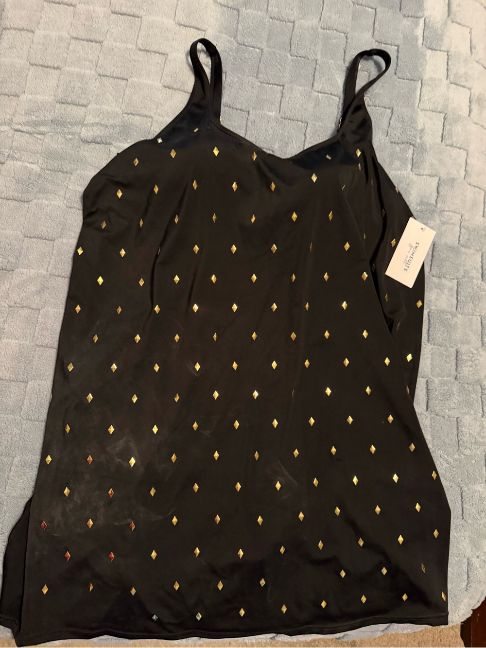 Black One-Piece Swim with Gold Diamond Accents